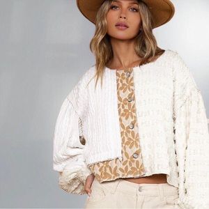 Mixed Media Button-Front Cropped Sweater Jacket